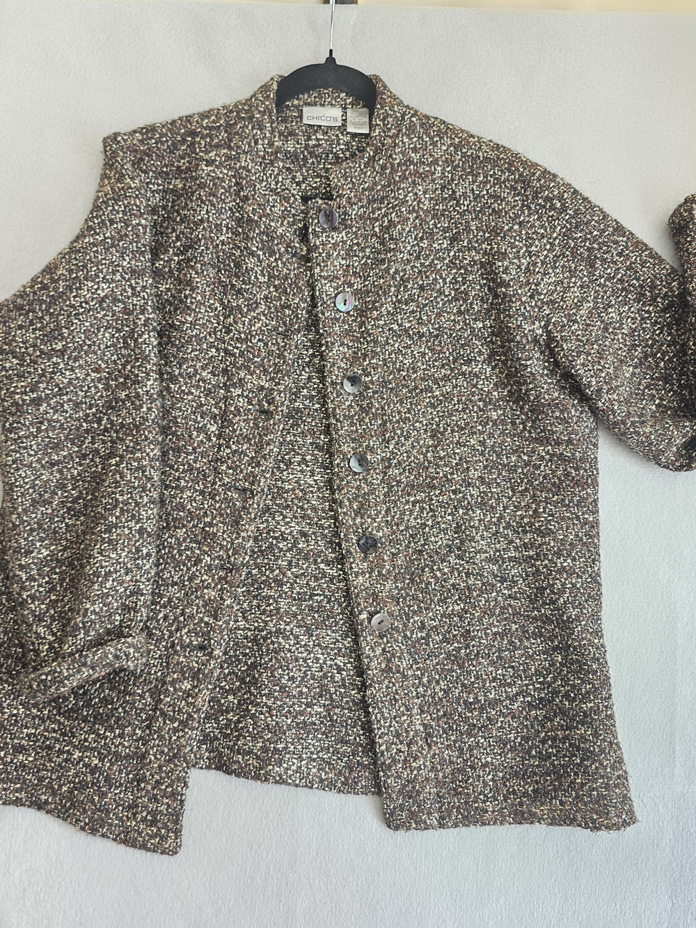 Vintage CHICO'S 2 Brown Tweed Button-Front Women's Sweater Classic Warm Grandmom